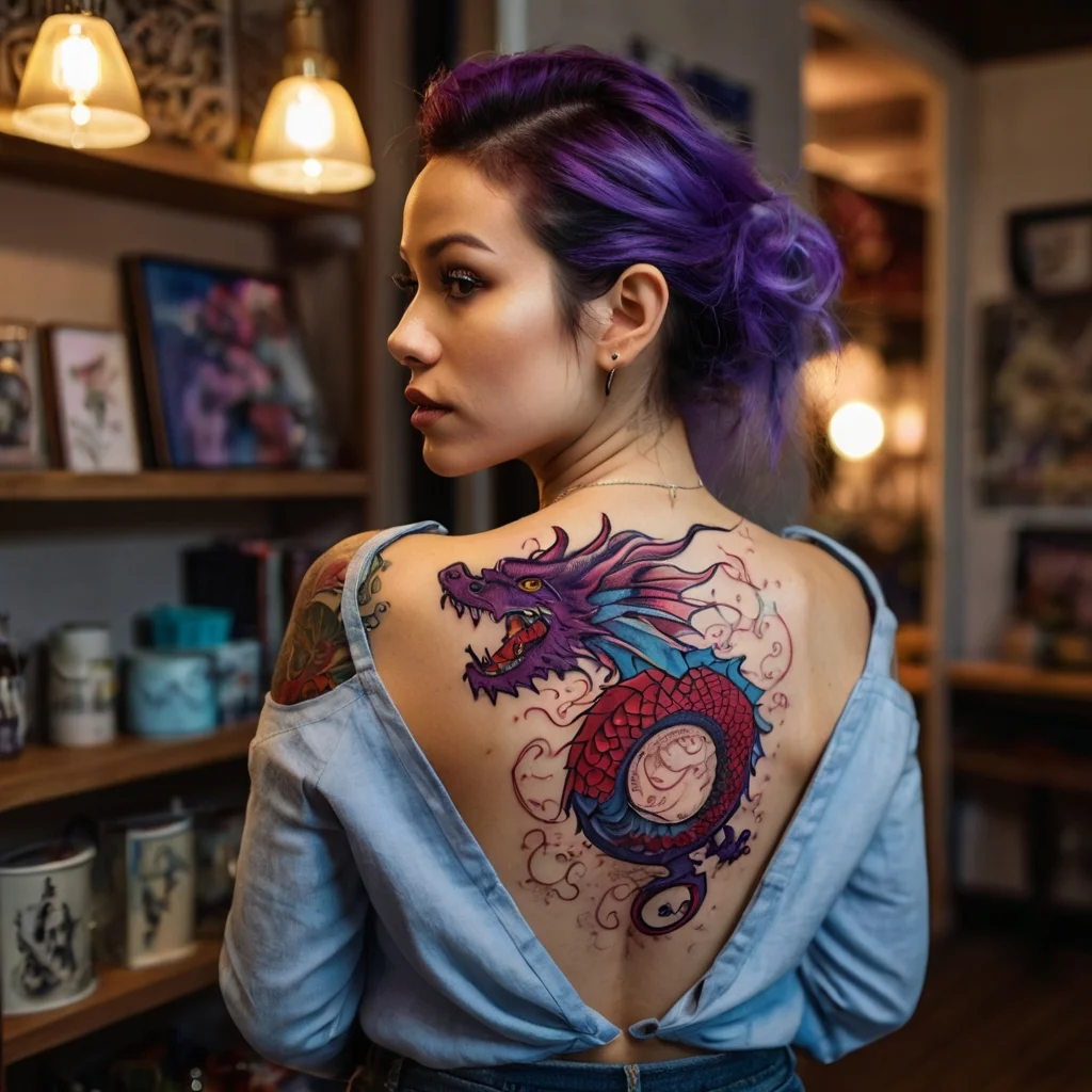 Vibrant dragon tattoo with purple and blue scales, swirling clouds, and fierce expression on woman's back.