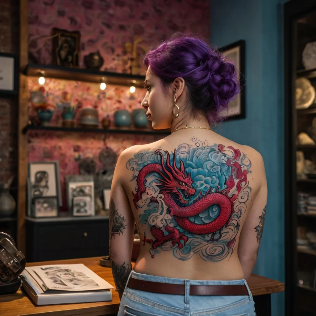 Back tattoo of a vivid red dragon entwined with blue clouds, showcasing dynamic movement and bold color contrast.