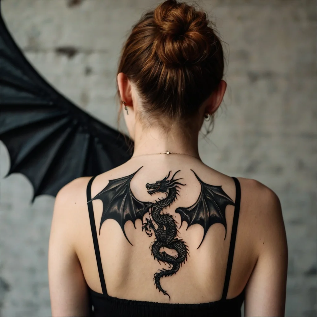 Intricate dragon tattoo on upper back, featuring detailed wings and scales, blending artfully with the wearer’s hair color.