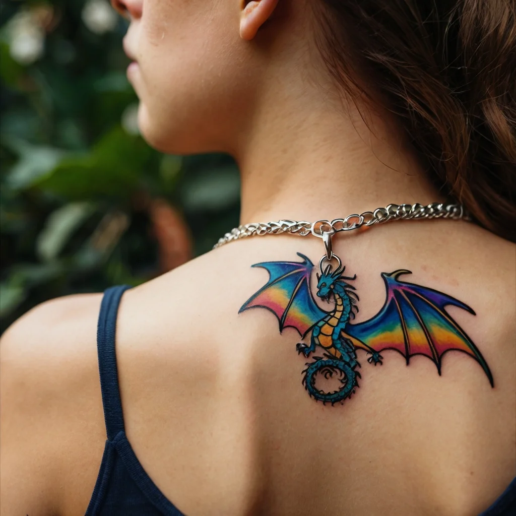 Colorful dragon tattoo with iridescent blue, yellow, and pink wings on upper back, blending fantasy with vibrant artistry.