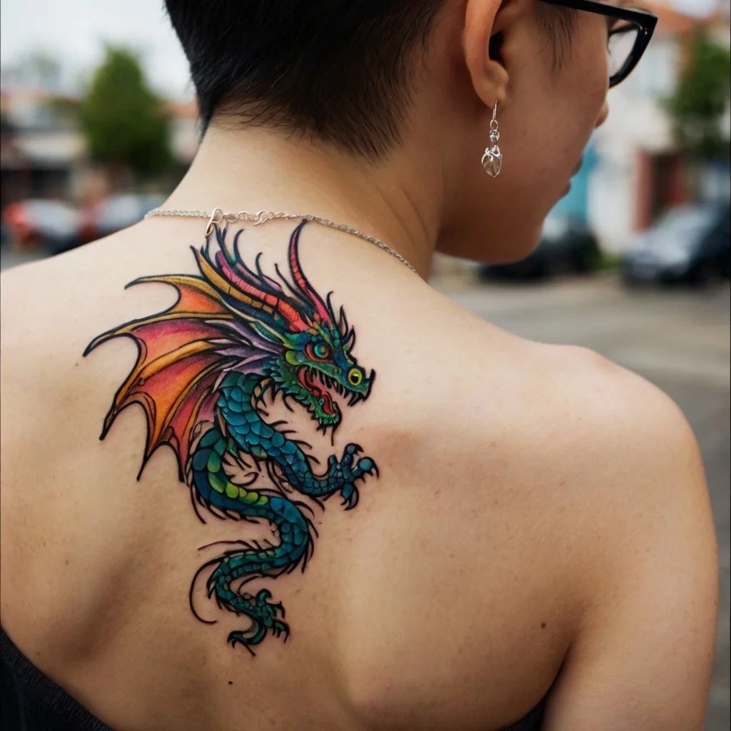 Colorful dragon tattoo on upper back, featuring vibrant scales, fiery wings, and detailed line work. Stylish and mythical.