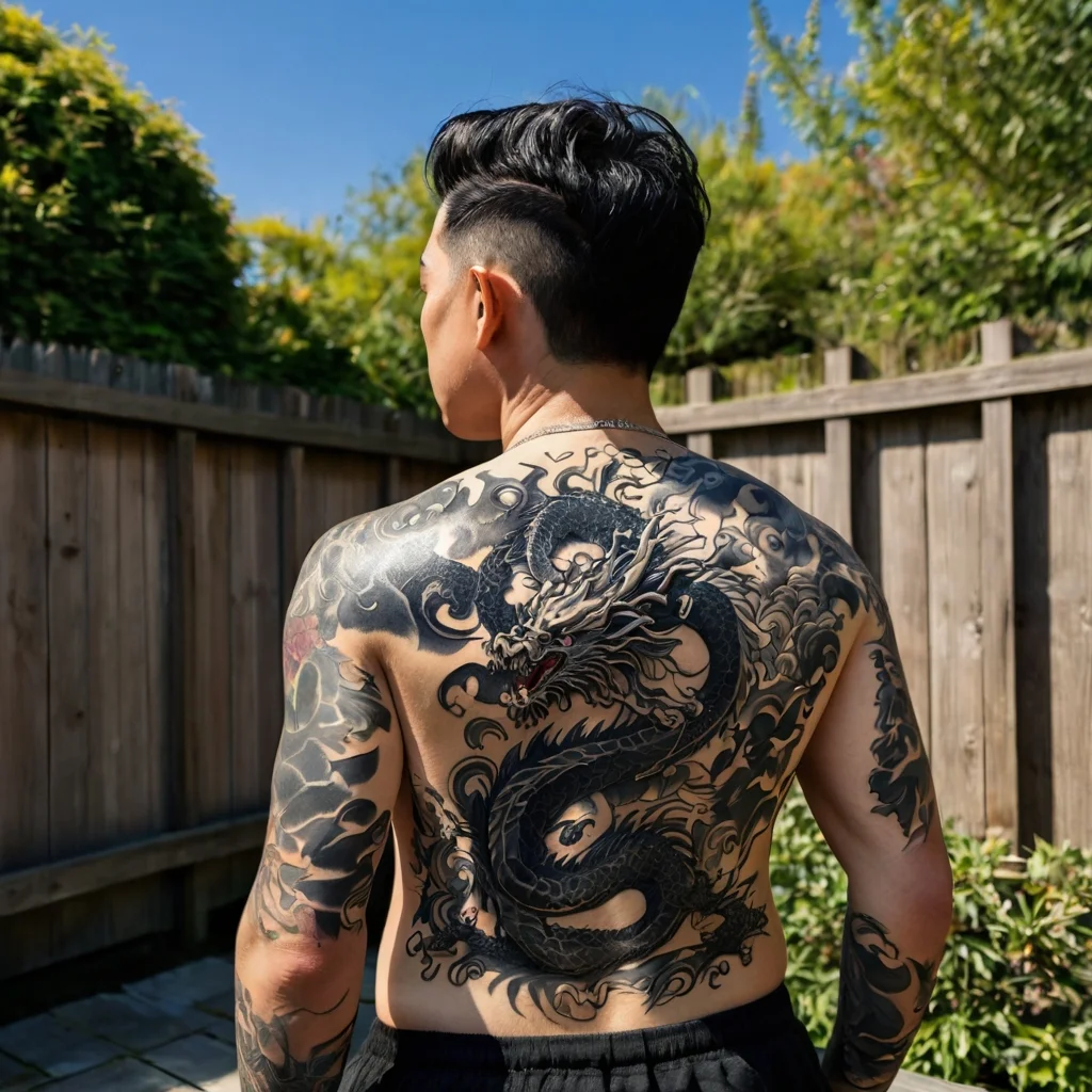 Intricate dragon tattoo spans the back, featuring detailed scales and fierce eyes, surrounded by swirling clouds.