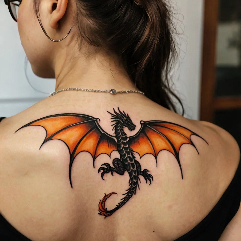 Tattoo of a black dragon with fiery orange wings, detailed scales, and a curled tail spanning the upper back.