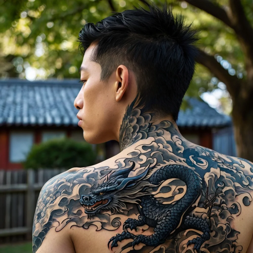 Intricate black and blue dragon tattoo winds across the back, enveloped in swirling clouds, symbolizing power and mysticism.