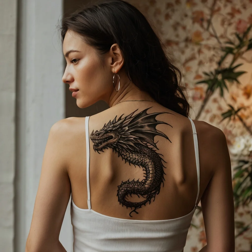 Intricate black dragon tattoo with detailed scales and sharp wings, elegantly curved along the shoulder blade.