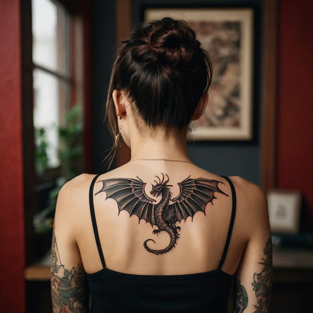 Black dragon tattoo on upper back, wings spread, with intricate detailing and bold lines, symbolizing strength and power.