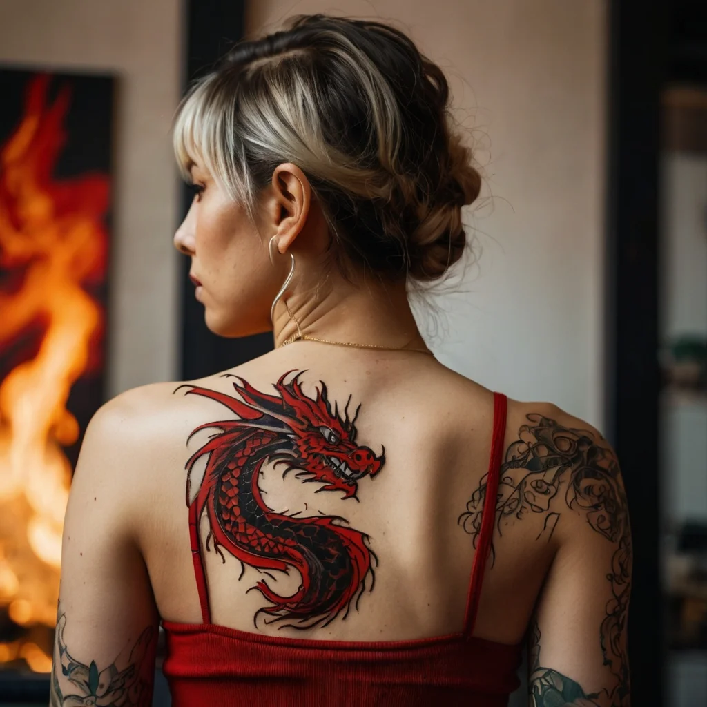 A vivid red dragon tattoo with intricate scales, elegantly winding across a woman's upper back, symbolizing power and wisdom.