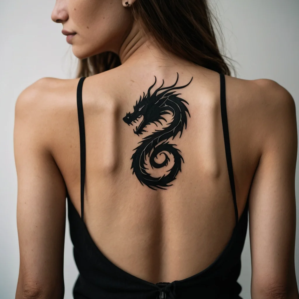 A sleek black dragon tattoo with intricate scales winds down the upper back, symbolizing strength and power.