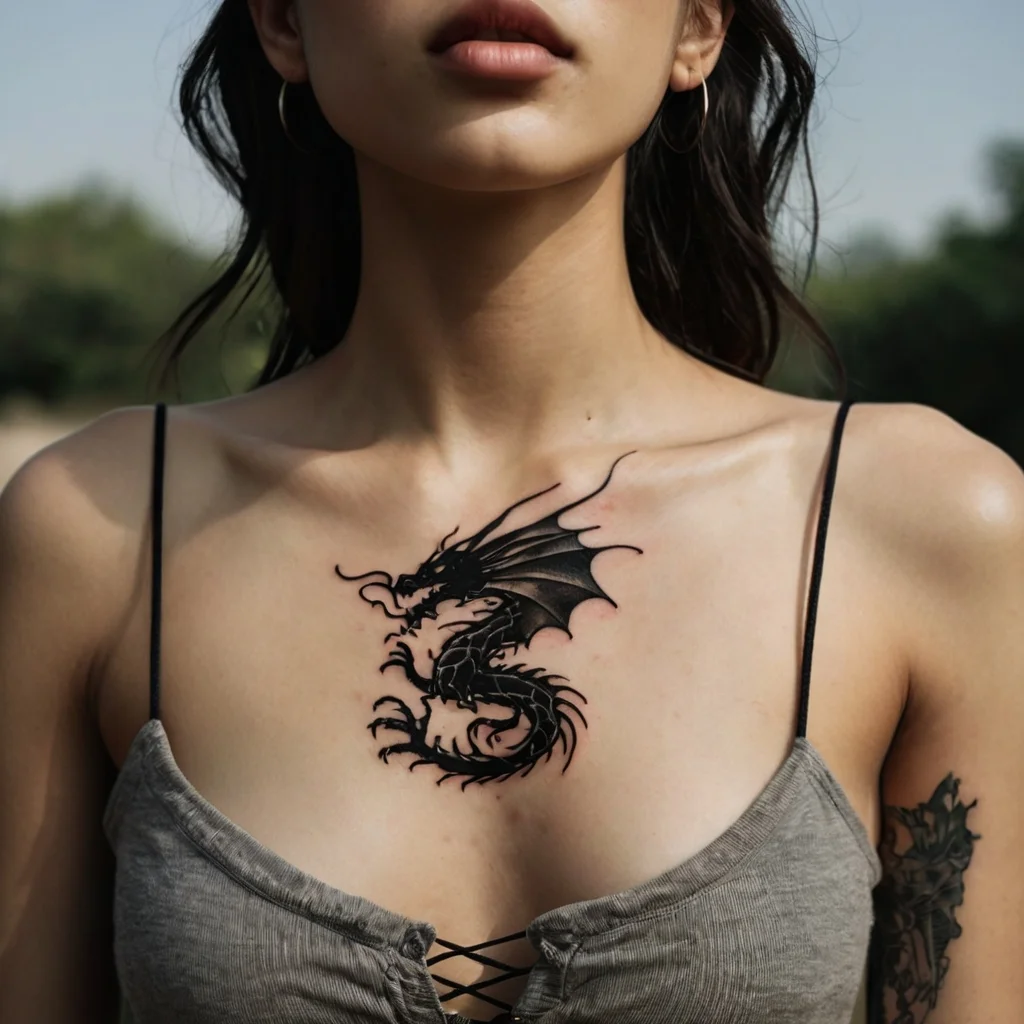 Black dragon tattoo with intricate scales and outspread wings on the chest, symbolizing strength and mystery.