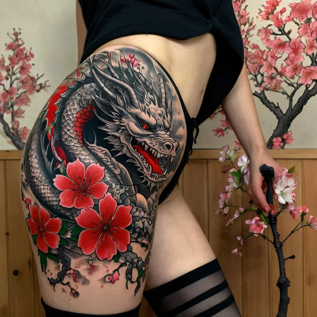 Dragon tattoo wraps thigh with vivid red eyes and cherry blossoms, featuring intricate scales and dynamic movement.