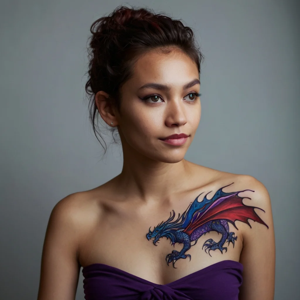 A vibrant dragon tattoo on the shoulder, featuring blue scales, red wings, and dynamic detailing, evoking strength and fantasy.