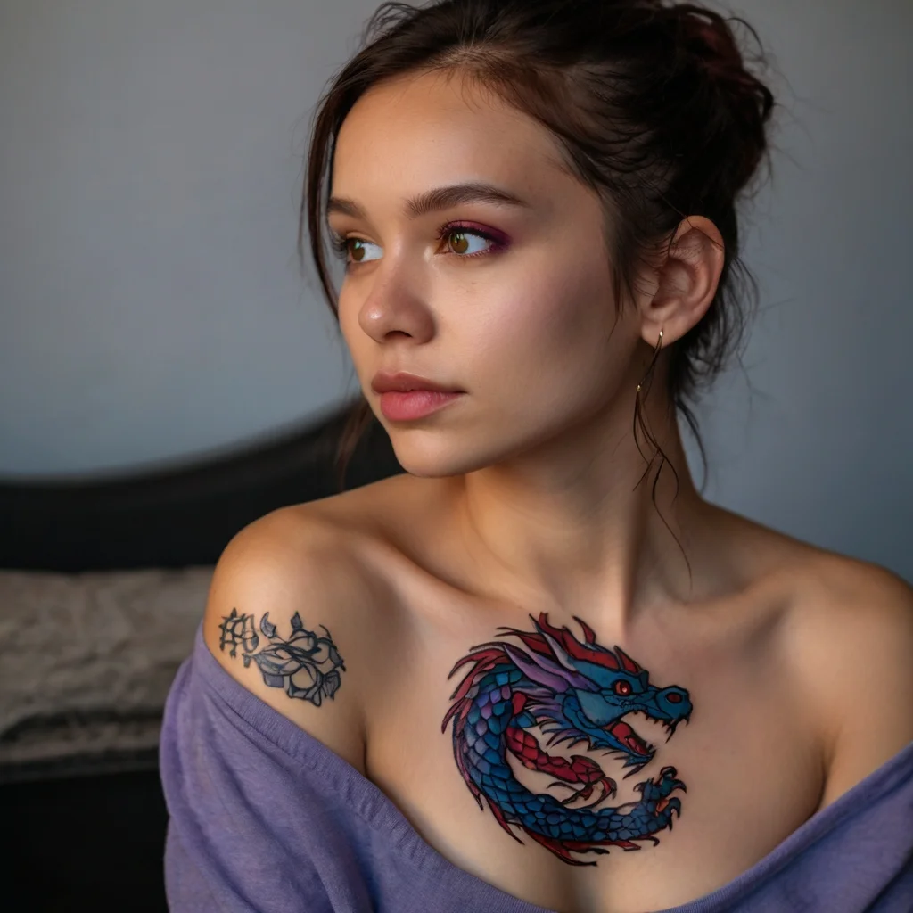 A vibrant tattoo of a blue and red dragon in mid-roar adorns the chest, with a black leaf design on the shoulder.