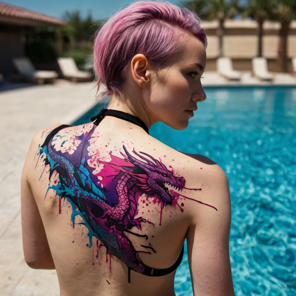 A vibrant, watercolor-style tattoo of a dragon with shades of purple and teal splashes, adorning the upper back.