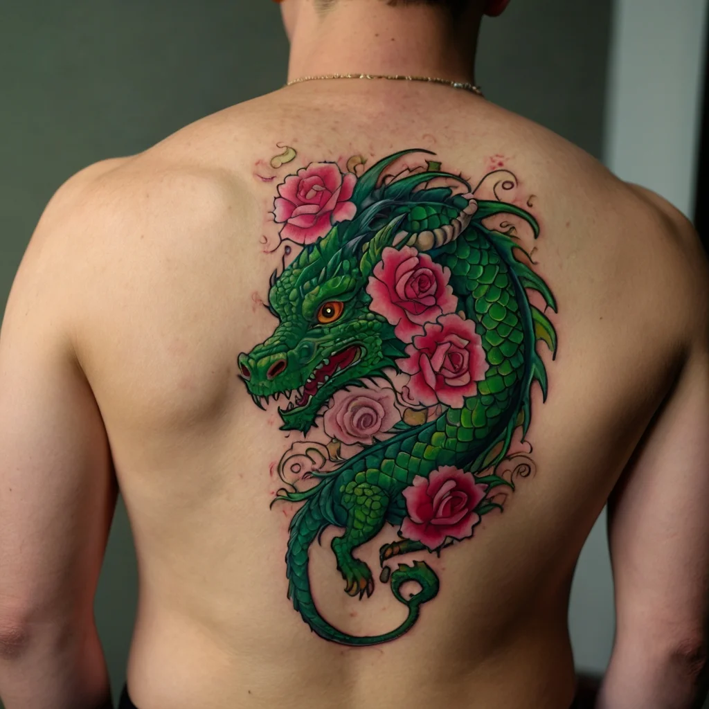 Tattoo of a vibrant green dragon intertwined with pink roses, spiraling gracefully across the back.