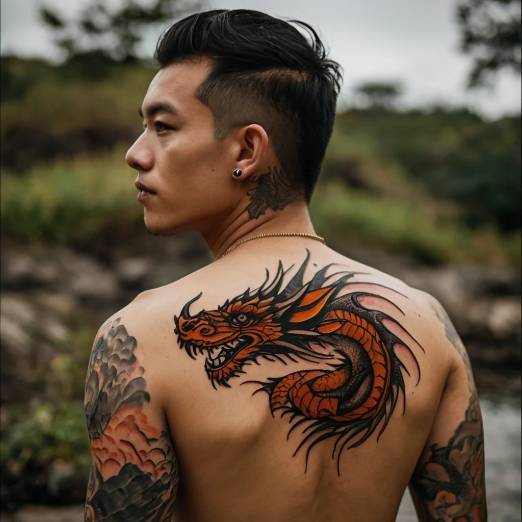 Back tattoo featuring a vibrant red and black dragon, detailed with sharp claws and scales, surrounded by smoky clouds.