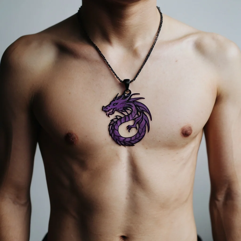 A purple dragon pendant tattoo on the chest, showcasing intricate scales and a fierce expression in a coiled design.