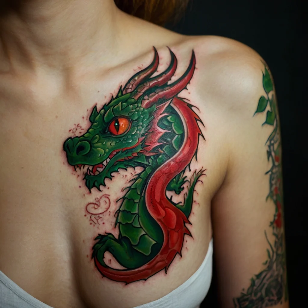 A vibrant red and green dragon tattoo on the upper chest, with intricate scales and fierce, expressive eyes.