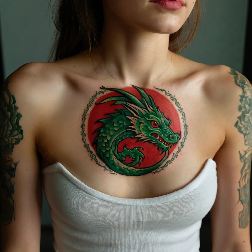 Green dragon in a fierce pose, coiled within a red circle on chest, outlined in black, symbolizing strength and power.