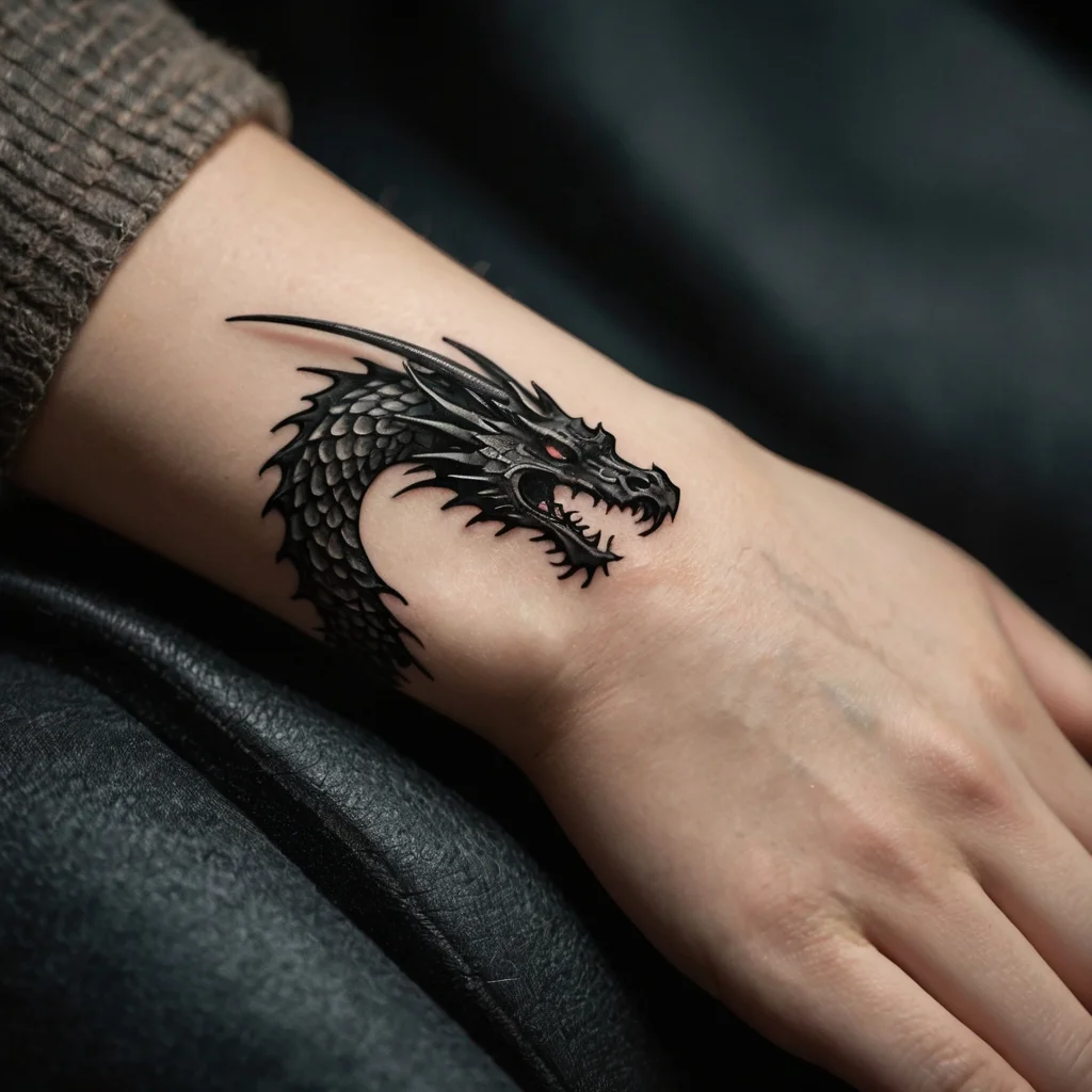 Black dragon tattoo with intricate scales and fierce expression, wrapping elegantly around the wrist with sharp detailing.