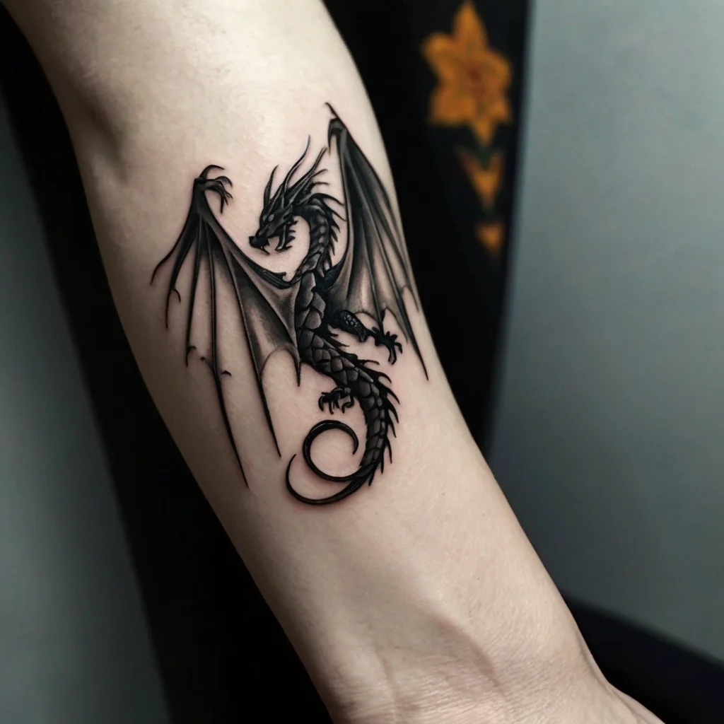 Intricate black dragon tattoo on forearm, showcasing sharp wings and scales, symbolizing strength and mystery.