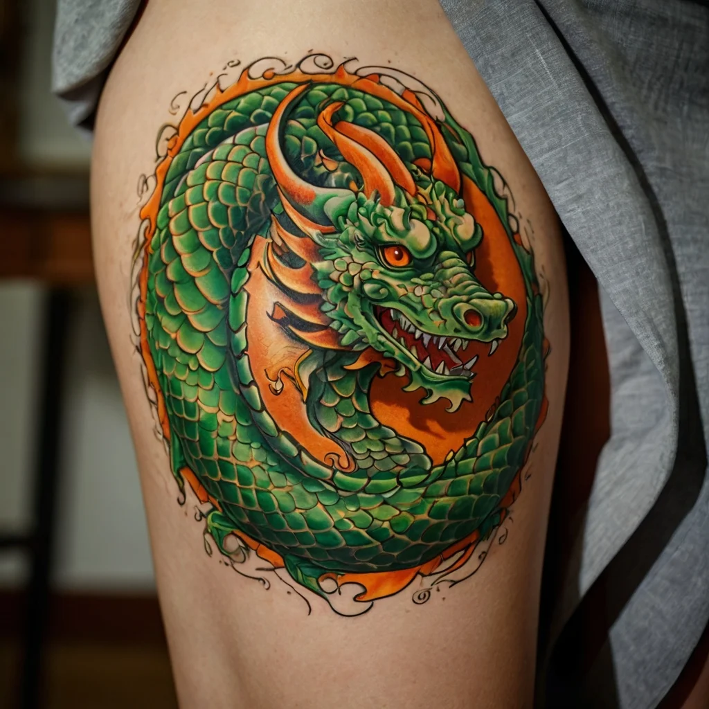 Vibrant tattoo of a green dragon with orange accents and intense eyes, coiled in a circle on the thigh.