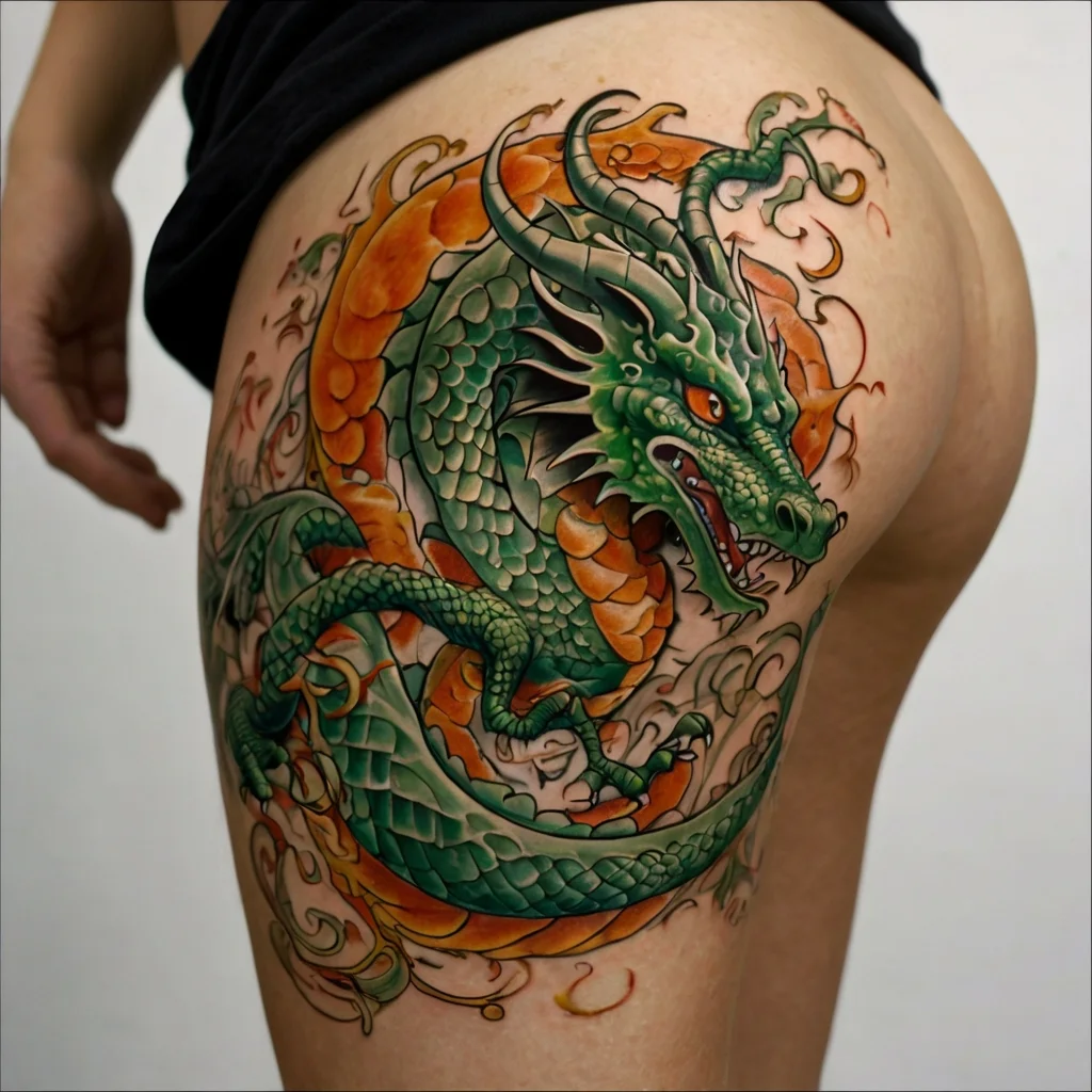 Vibrant green and orange dragon tattoo on thigh, coiled with intricate scales and swirling flames.