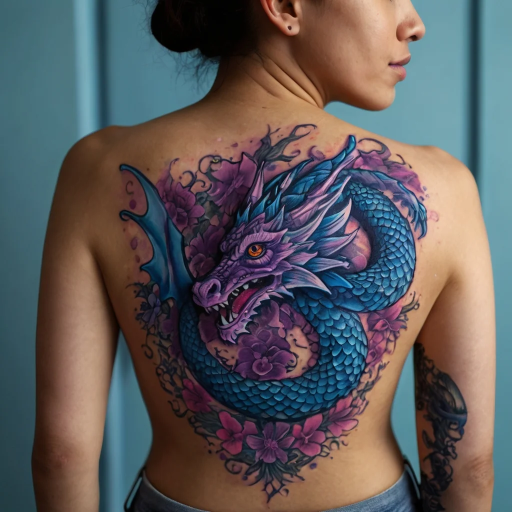 A vibrant blue dragon entwined with purple flowers on a back tattoo, showcasing intricate scales and fierce eyes.