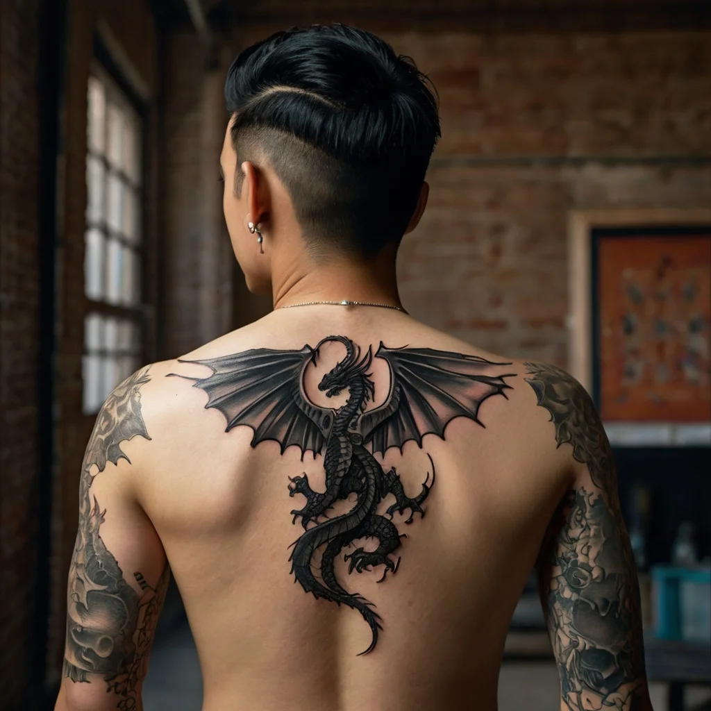 Tattoo design of a fierce dragon spanning the upper back, with extended wings and intricate scales for a dynamic look.