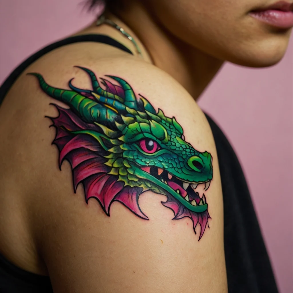 Vibrant dragon tattoo on shoulder, featuring green scales and pink accents, showcasing a dynamic, fierce expression.