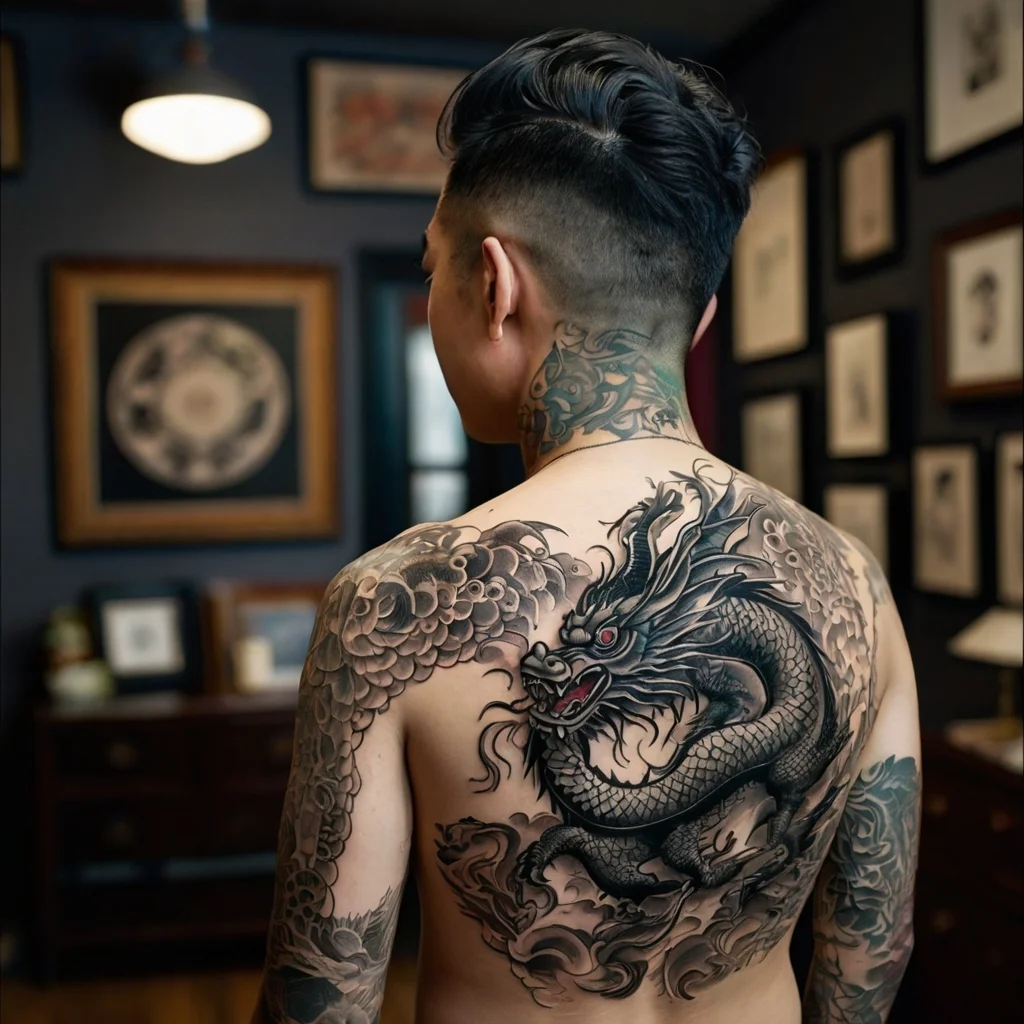 Intricate black and gray dragon tattoo on upper back, surrounded by swirling clouds, showcasing detailed scales and fierce eyes.