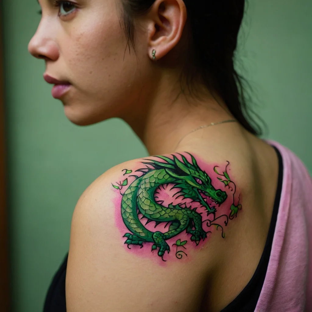 Green dragon tattoo with intricate scales breathes fire, accented with pink shading on shoulder.