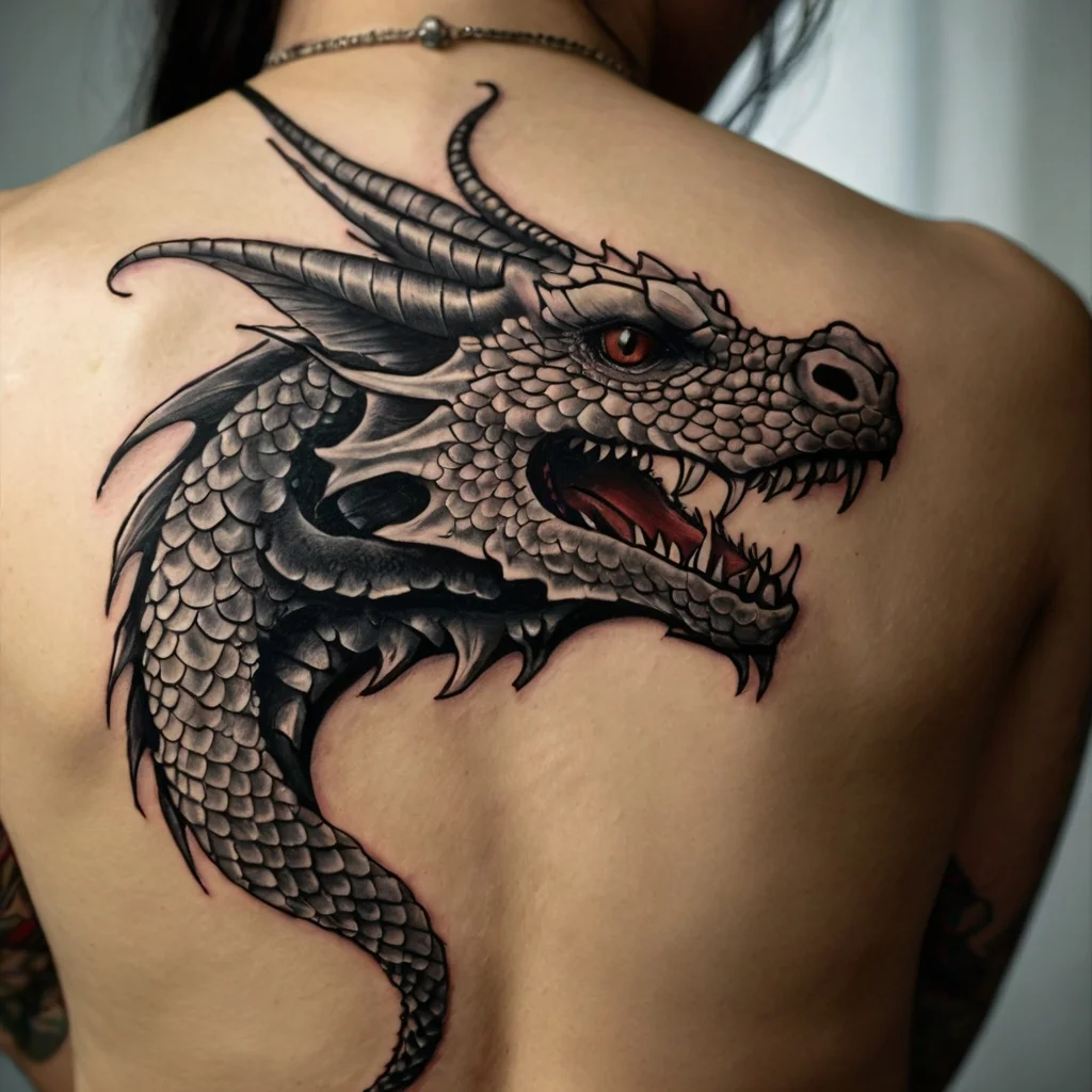 Detailed dragon tattoo on back, featuring fierce eyes, intricate scales, and sharp horns in grayscale shading.