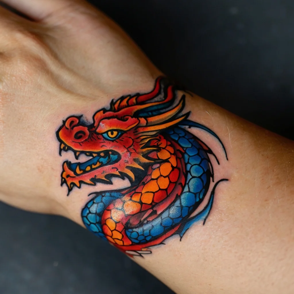 Colorful dragon tattoo with vibrant orange and blue scales, fierce expression, and dynamic curves on the wrist.