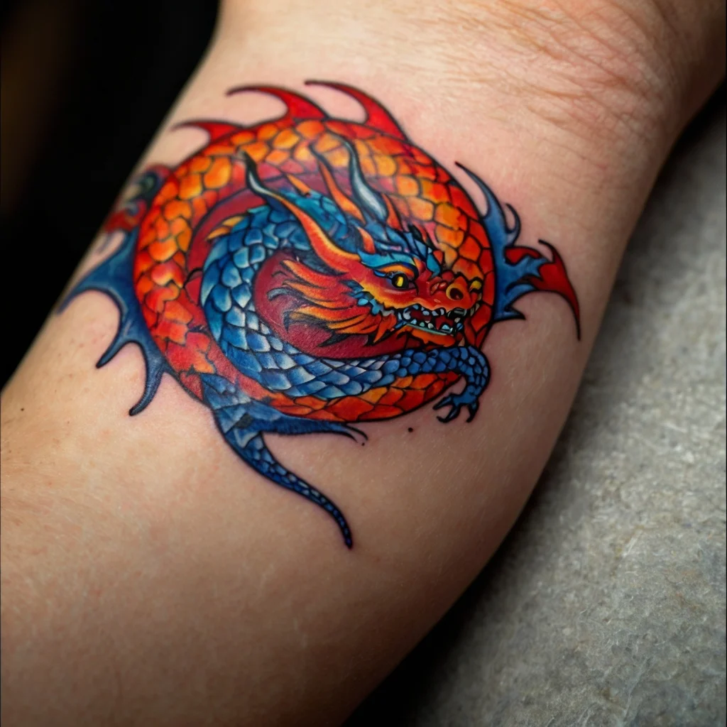 Vivid tattoo of a fiery red and blue dragon curled in a circle, showcasing detailed scales and fierce expression.