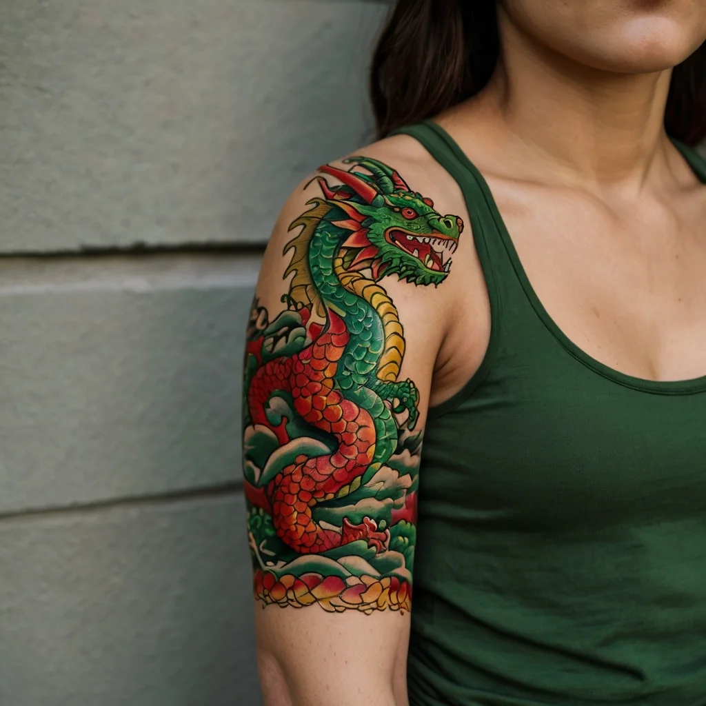 Vibrant Japanese dragon tattoo on arm, featuring red and green scales with dynamic cloud details.