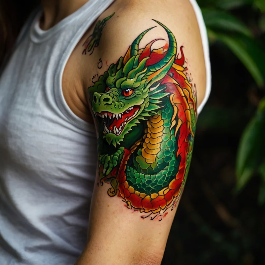 Vibrant dragon tattoo on the arm, featuring green scales and red flames, showcasing fierce eyes and detailed shading.