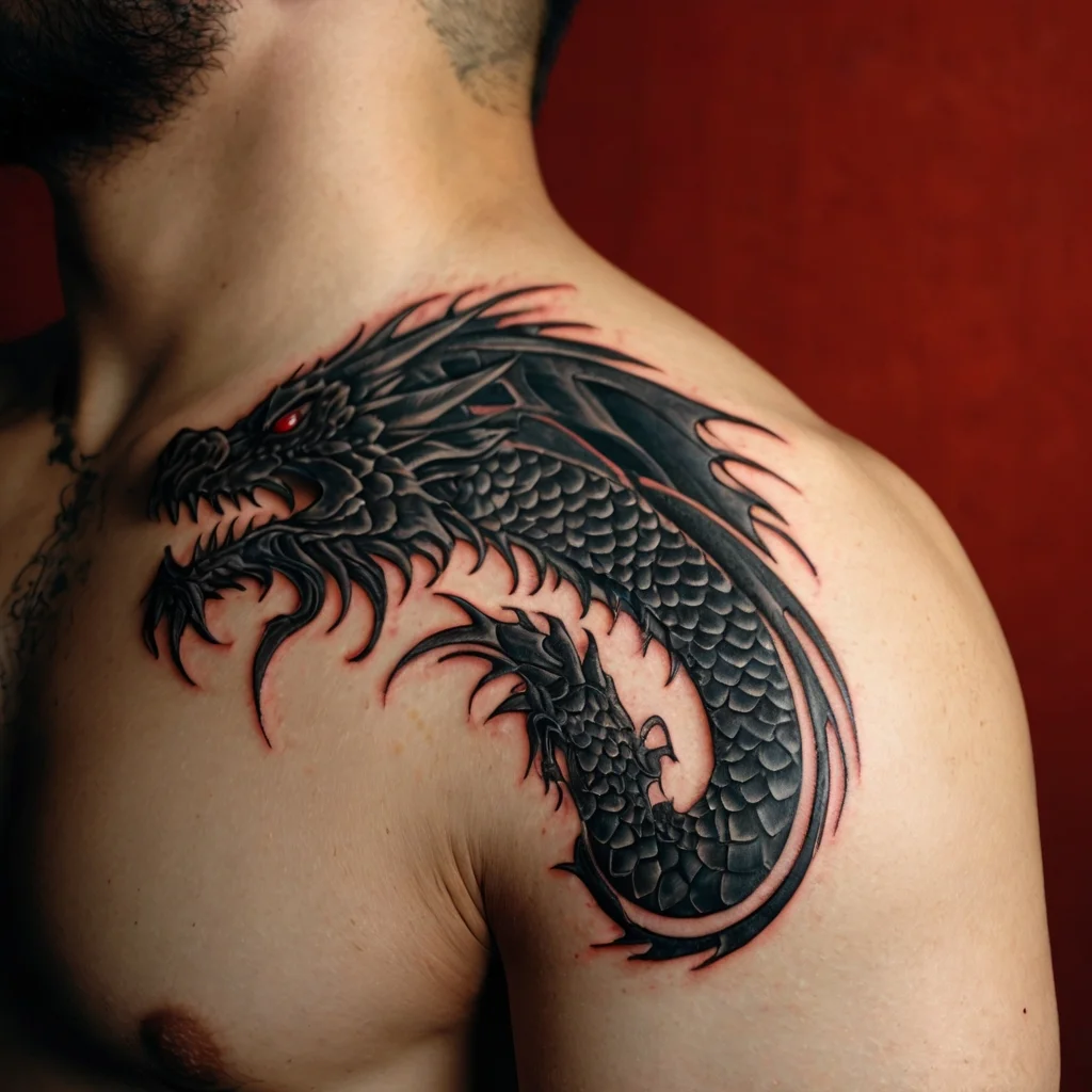 Intricate black dragon tattoo with red eyes, featuring sharp scales and wings, wrapping around the shoulder and chest.