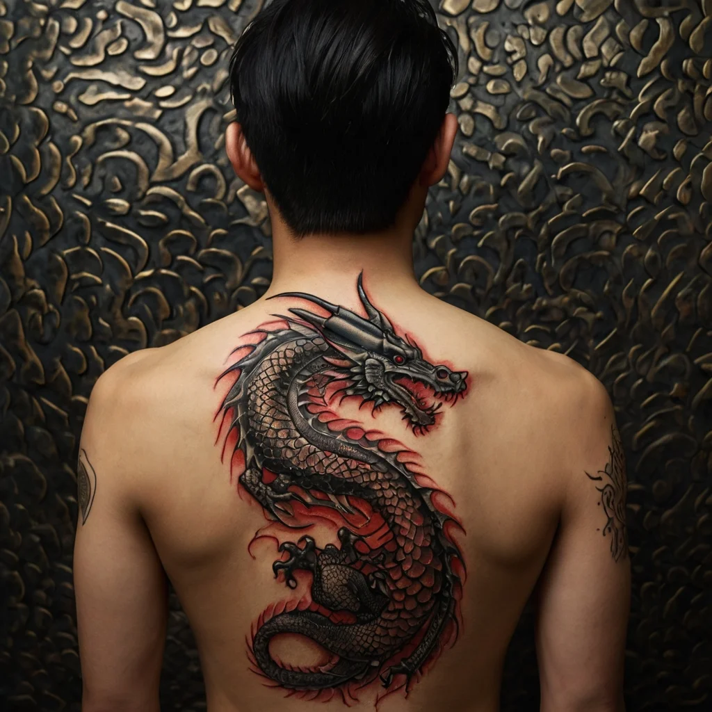 Intricate black and red dragon tattoo on back, showcasing detailed scales and fierce expression with bold, dynamic flames.