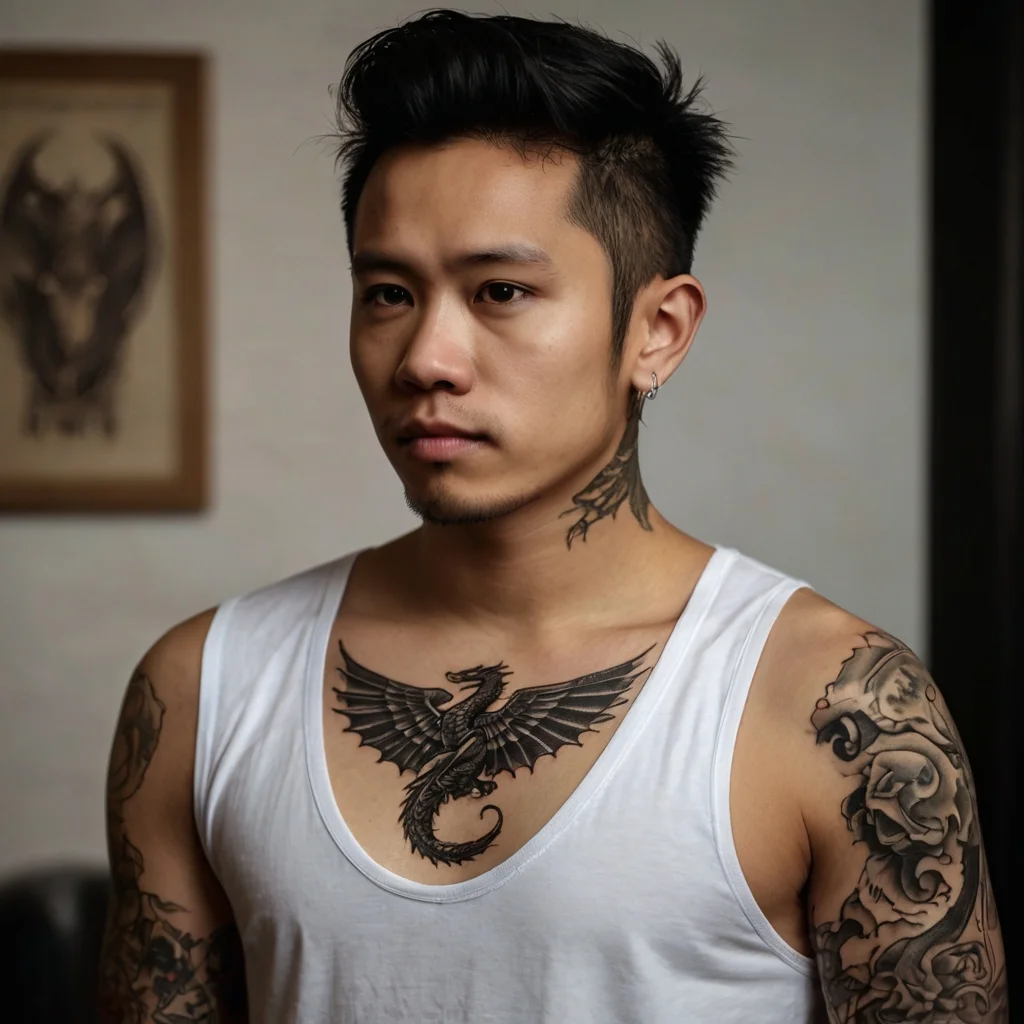 Chest tattoo of a detailed black dragon with spread wings, complemented by floral and tribal designs on neck and arms.