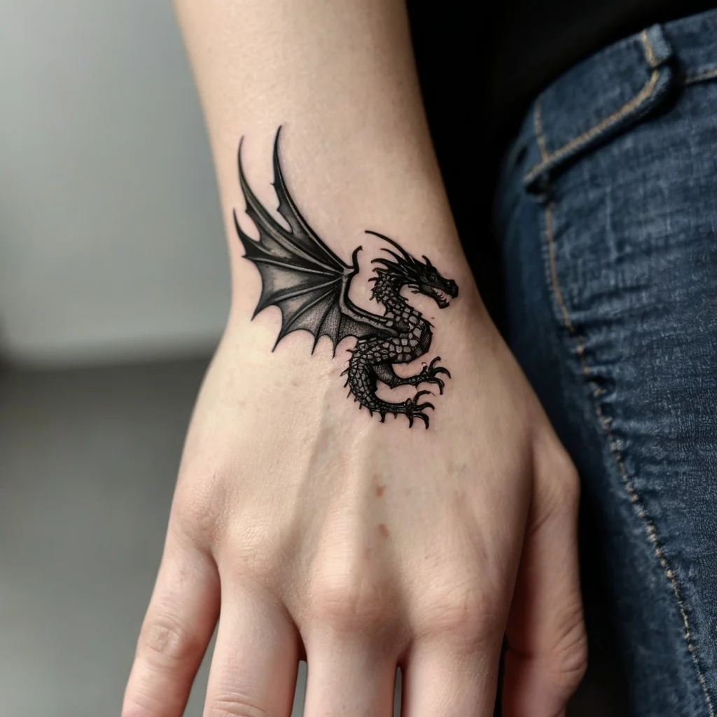 Intricate black dragon tattoo with detailed scales and wings on the back of a hand, symbolizing strength and power.