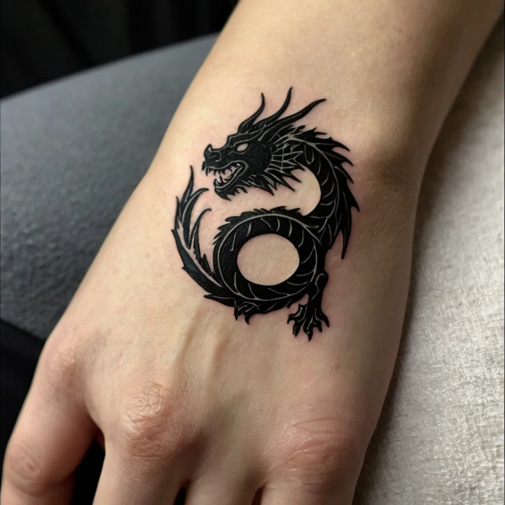 Minimalist black dragon tattoo on hand, with intricate scales and a circular body, symbolizing strength and eternity.