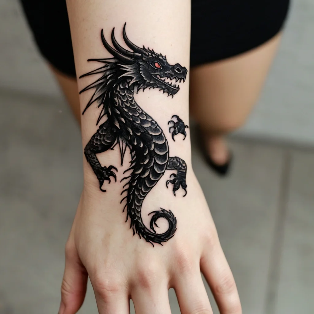 Detailed black dragon tattoo with red eyes, showcasing intricate scales and sharp claws on the forearm.