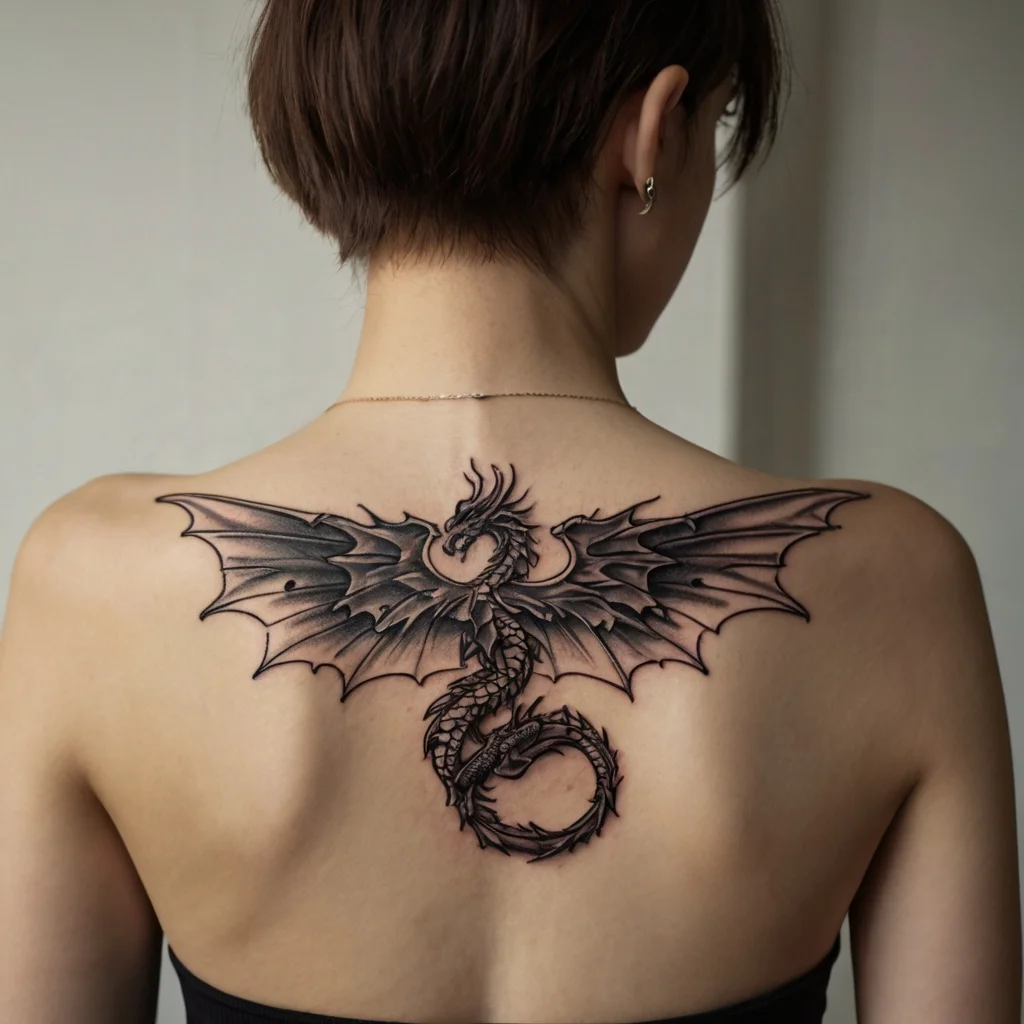 Intricate dragon tattoo with extended wings, detailed scales, and shadowing on the upper back, symbolizing strength.