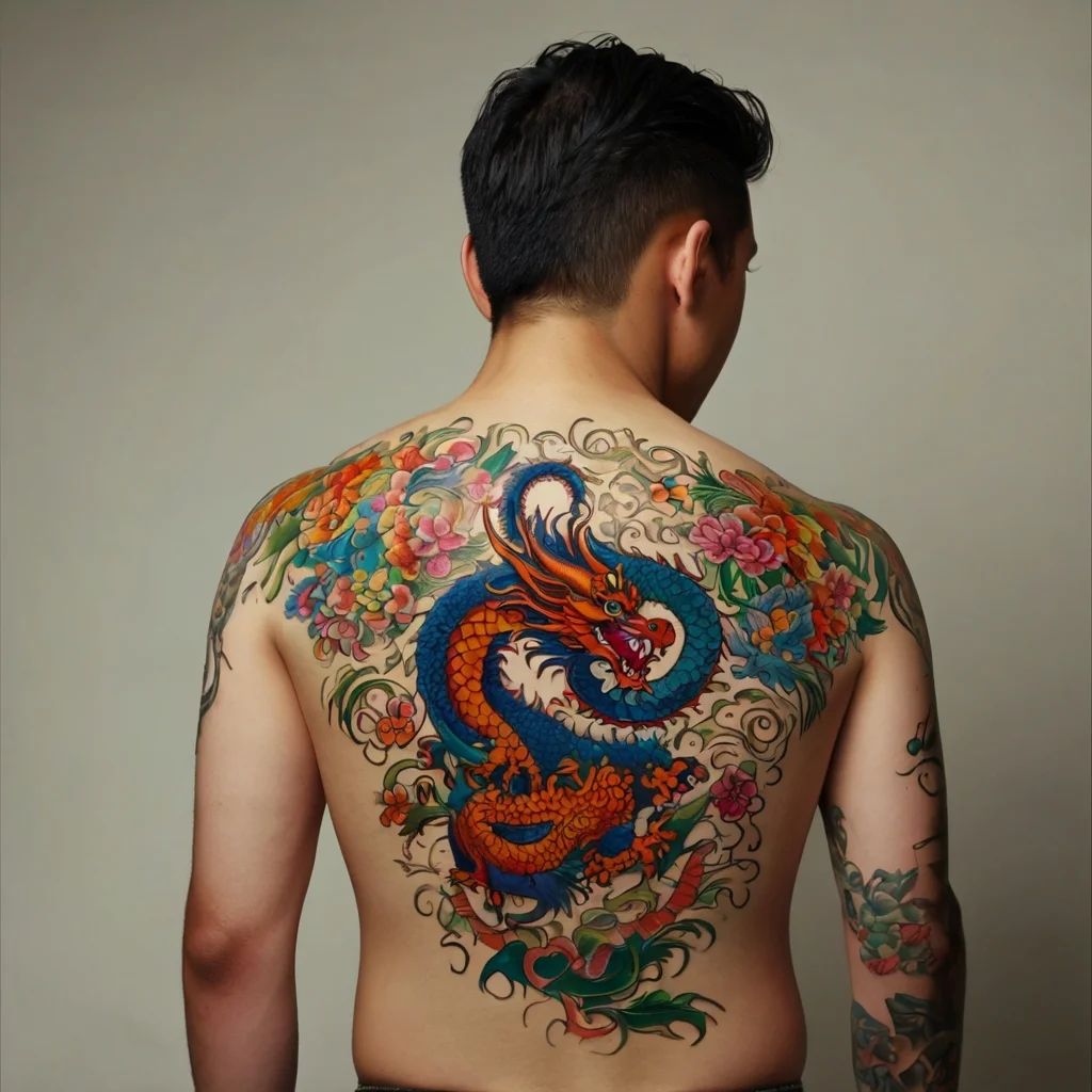 Colorful dragon and floral back tattoo with swirling patterns; features vivid blues, oranges, and pinks.