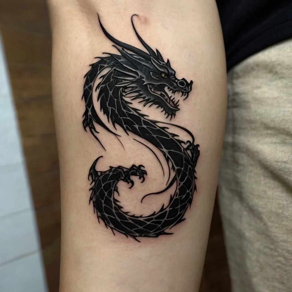 Black ink Asian dragon tattoo, detailed scales, fierce expression, and wispy tendrils, symbolizing power and wisdom.