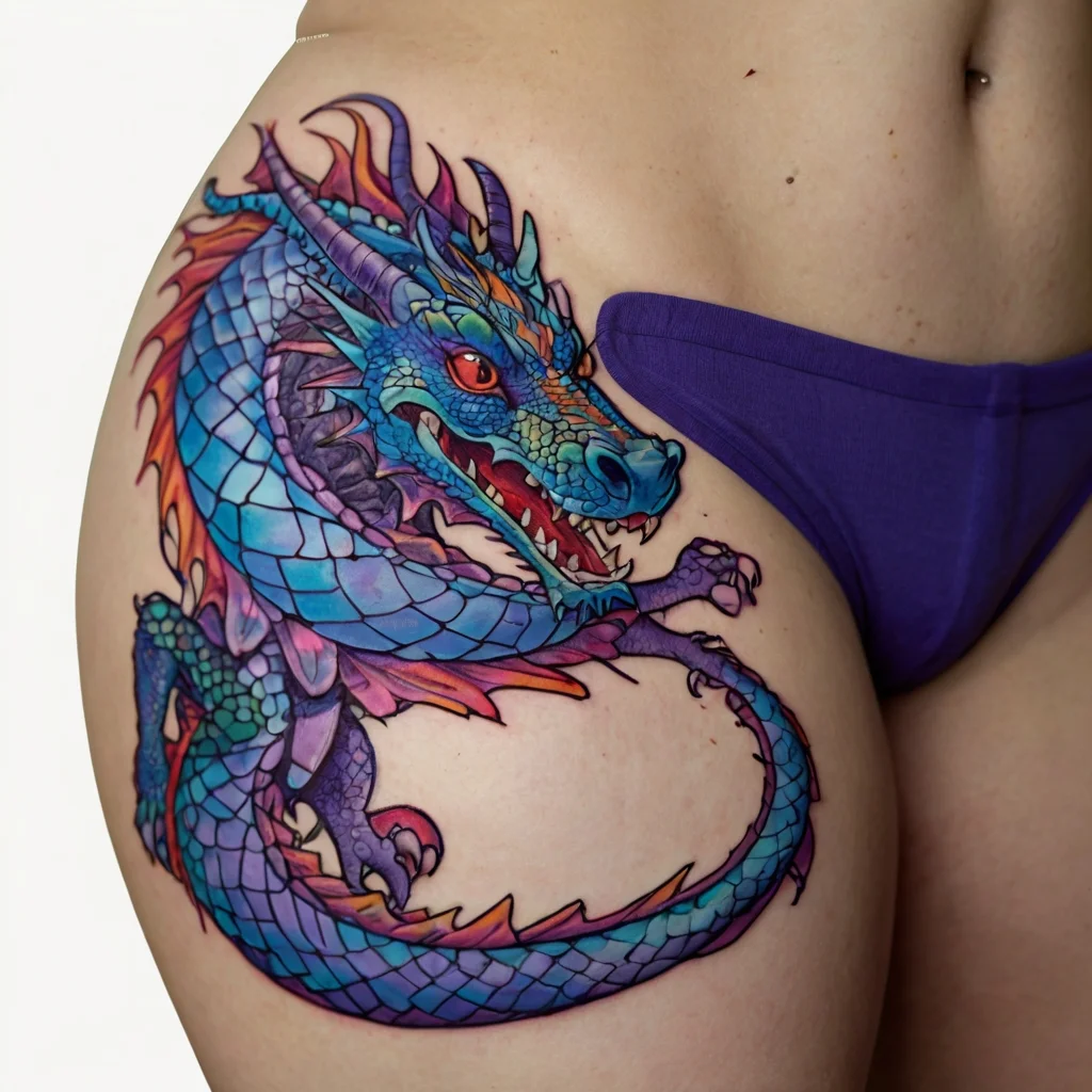 Vibrant, detailed tattoo of a blue and purple dragon with red eyes, curling dramatically around the hip in a dynamic pose.