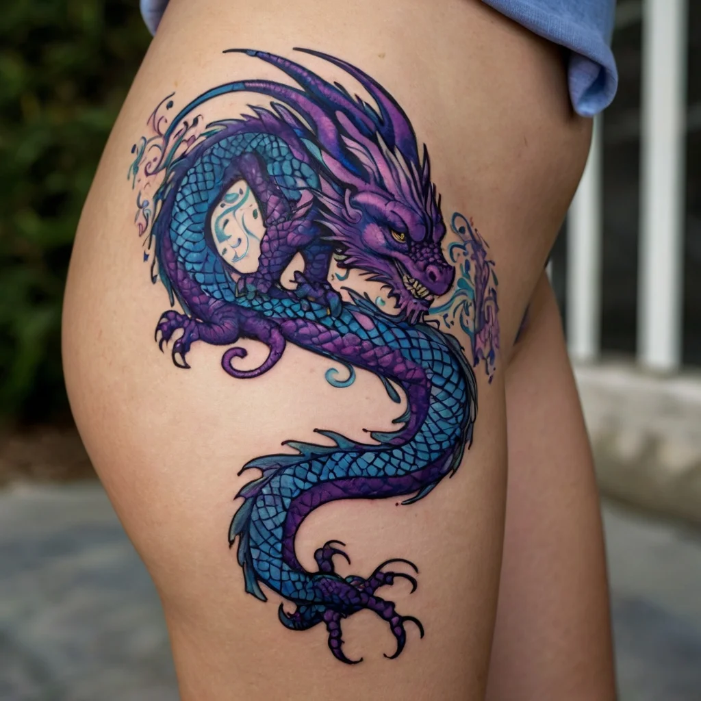 A vibrant blue and purple dragon tattoo, coiled elegantly with intricate scales and fiery details, symbolizing power and wisdom.