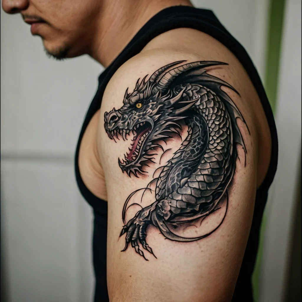 A vibrant black and gray dragon tattoo on the shoulder, featuring intricate scales and fierce eyes, symbolizing power and strength.