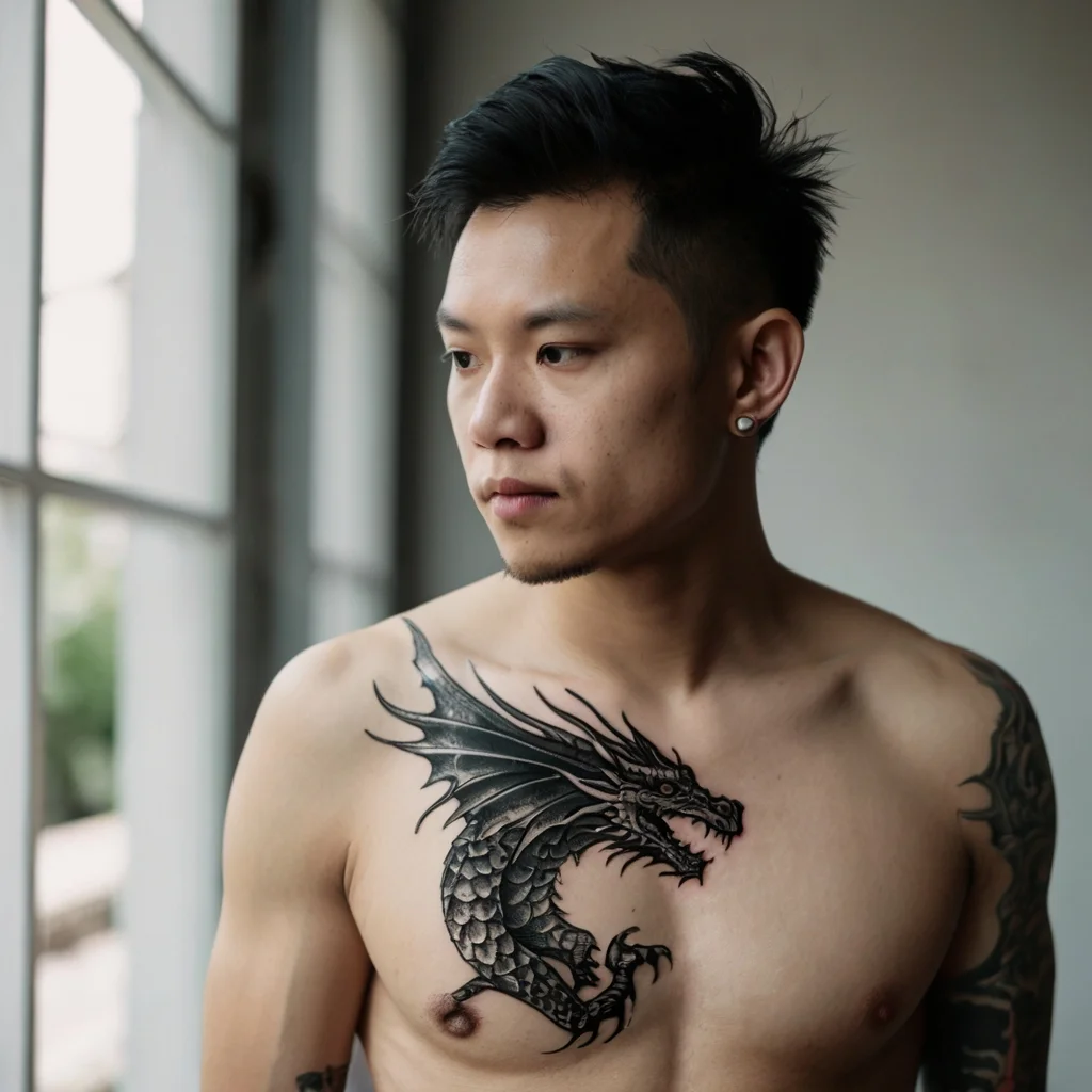 Black dragon tattoo on chest, detailed scales and fierce expression, wings spread and tail curling, symbolizing power.