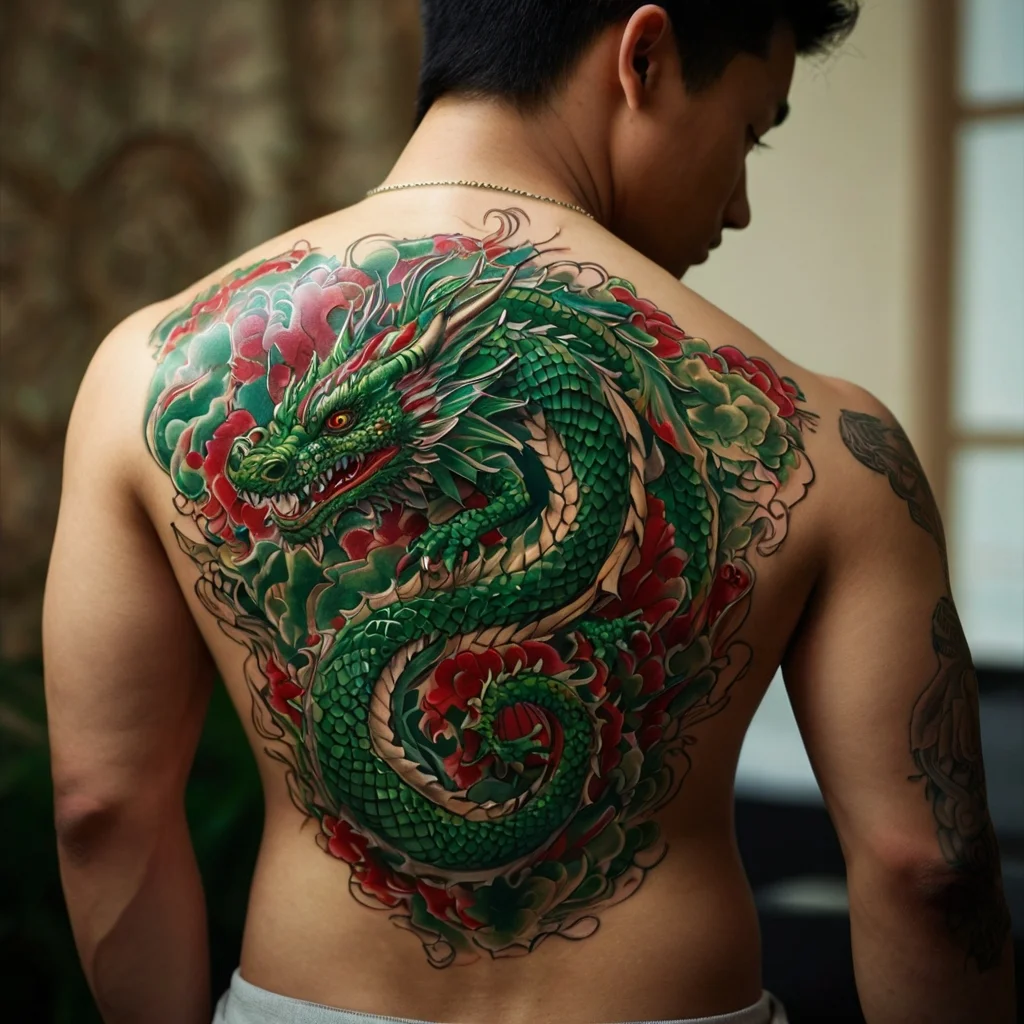 Intricate green dragon tattoo covers back, surrounded by red clouds, symbolizing strength and power in traditional style.